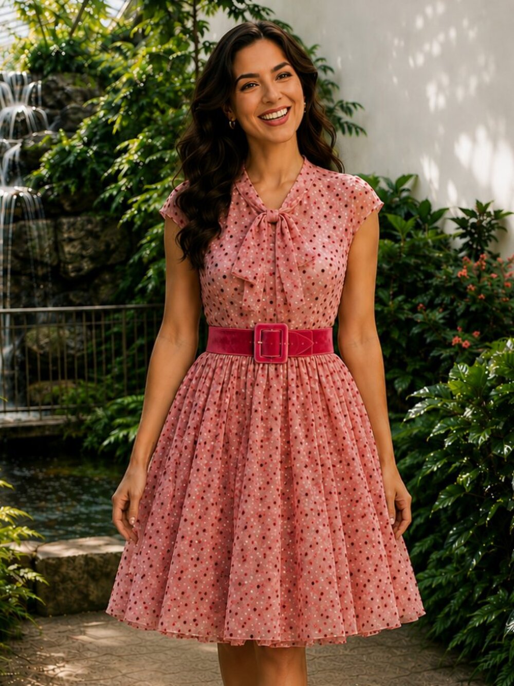 ModCloth Confetti Confection Pink Velvet Flocked Polka Dot Midi Dress Size 4 Bow